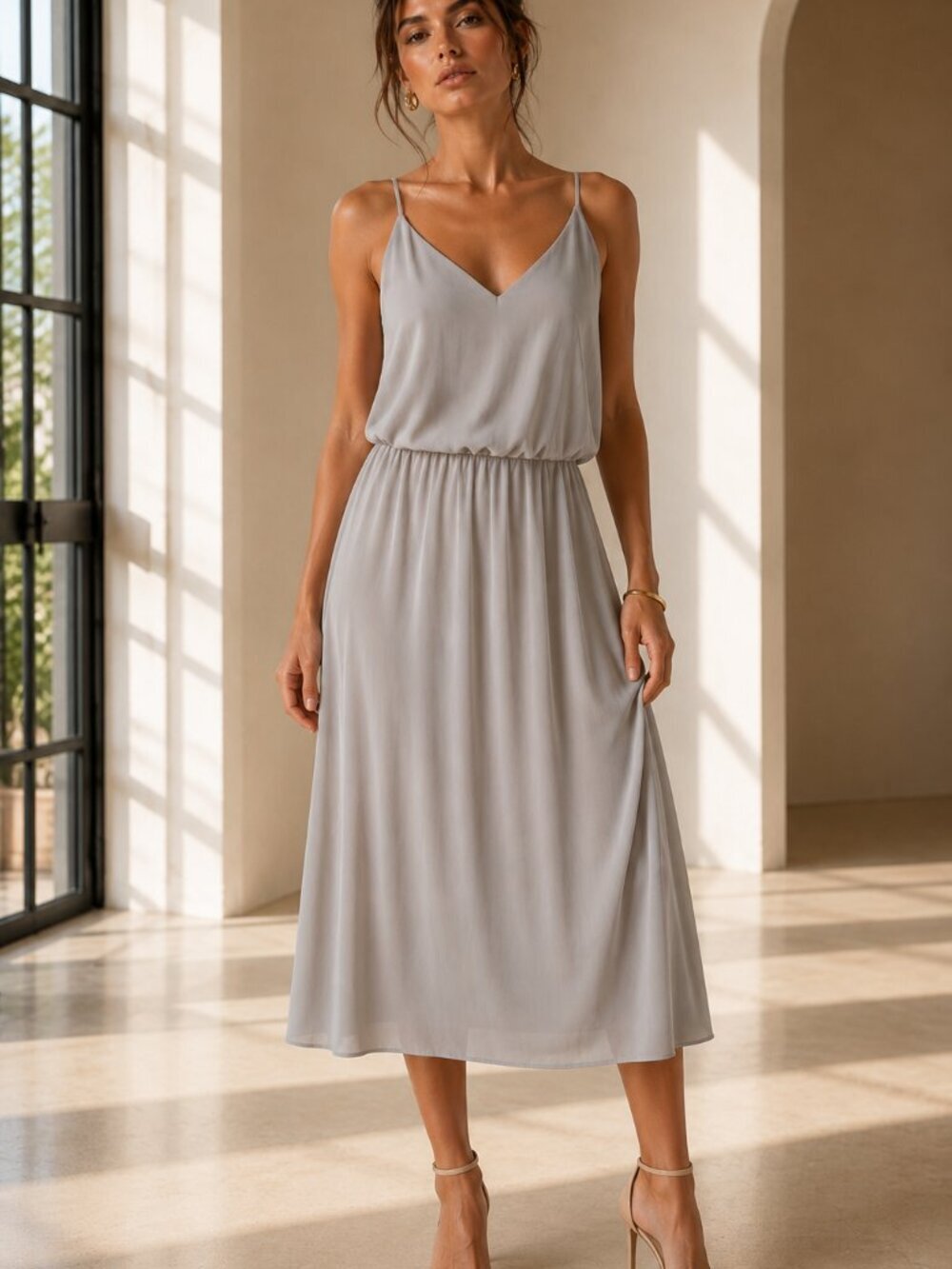 H&M Taupe V-Neck Spaghetti Strap Midi Dress Flowy Minimalist Women's M